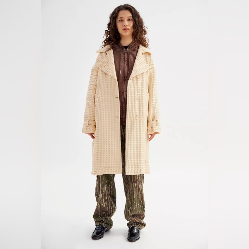 UO Emma Waffle Trench Coat in Butter Yellow